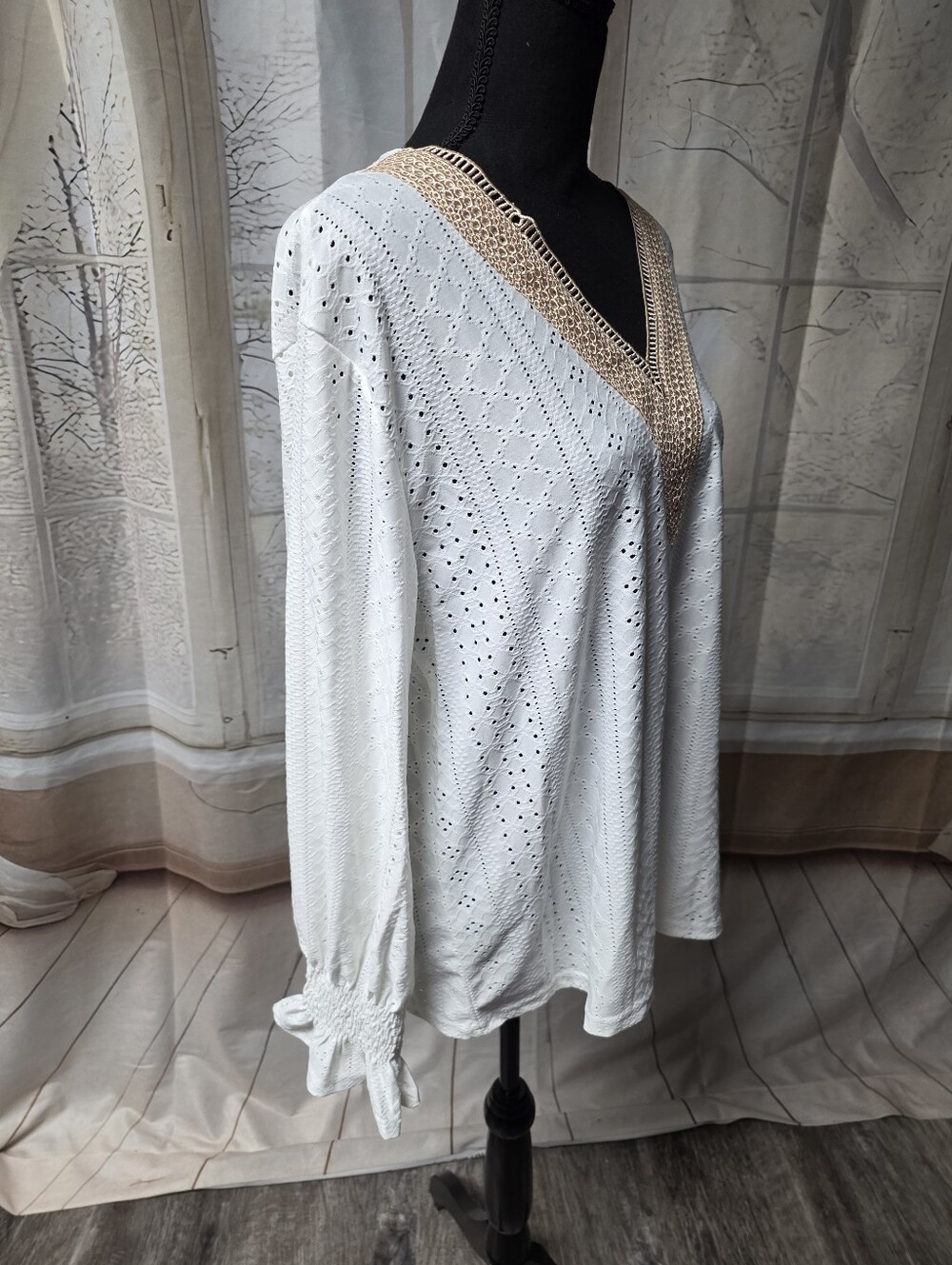 White Eyelet V-Neck Long Sleeve Top with Crochet Trim - Picture 2 of 6